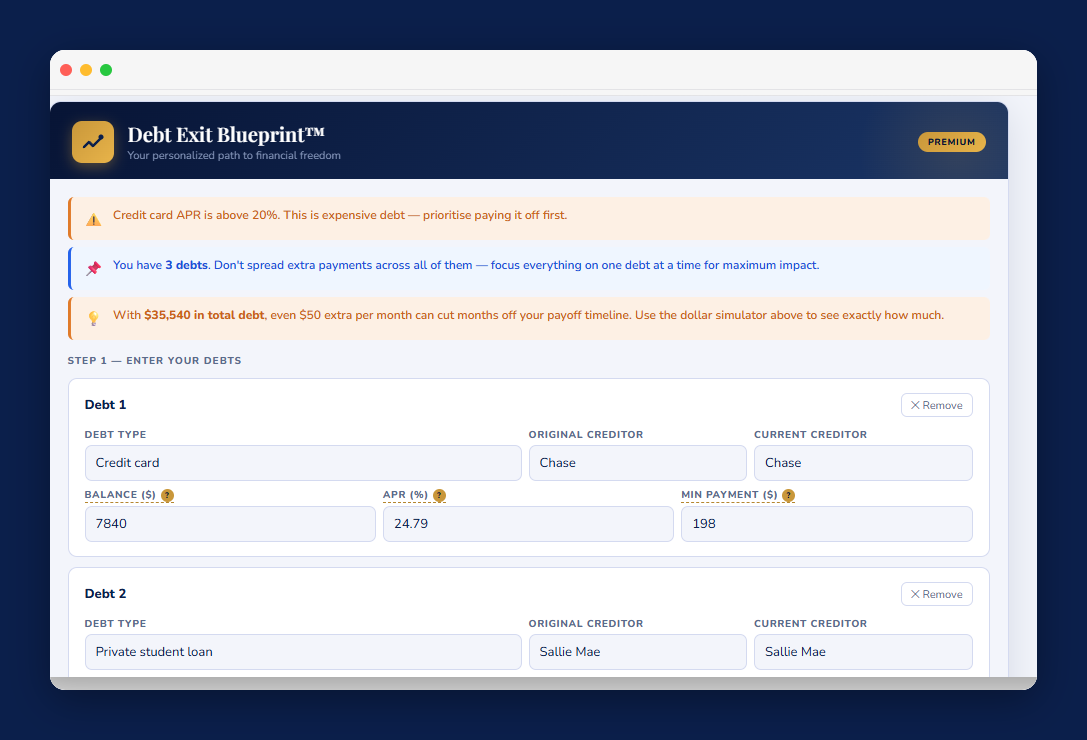 Debt Exit Blueprint™ — Interactive Debt Payoff Planner